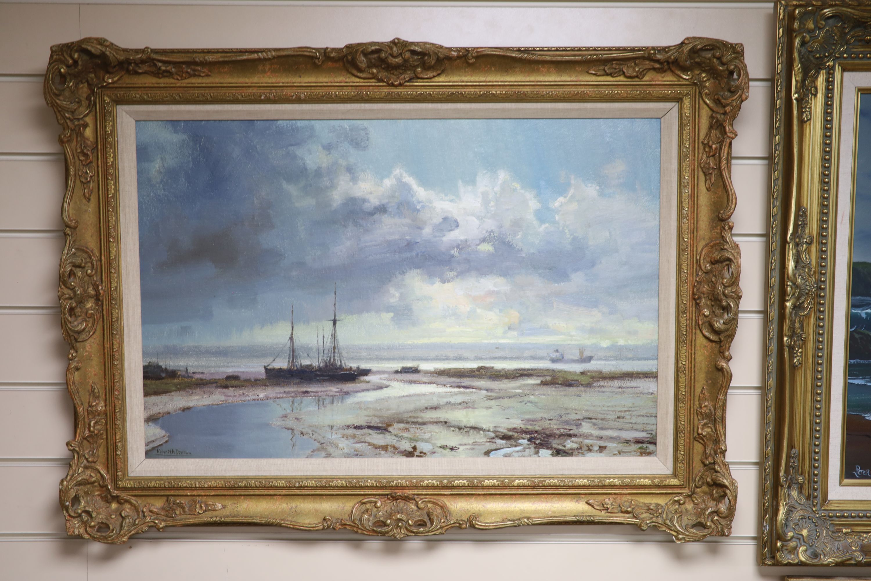 Kenneth Denton (1932-), oil on board, Winter afternoon, River Medway, signed with Stacy Marks label verso, 44 x 67cm